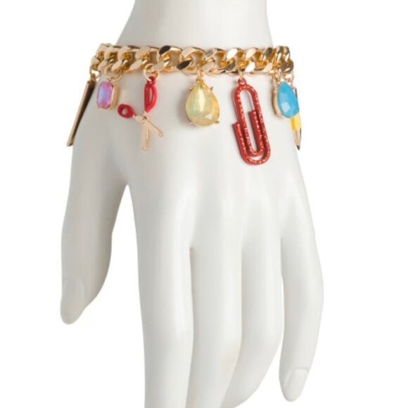 NWT Betsey Johnson School Charm Bracelet Gold Teacher Jewelry Ruler Pencil Globe - Picture 2 of 5